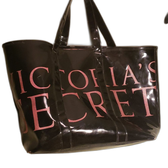 Victoria Secret Vintage Black Pink Glitter Tote Large Glossy Shiny Shoulder Bag - Picture 1 of 1
